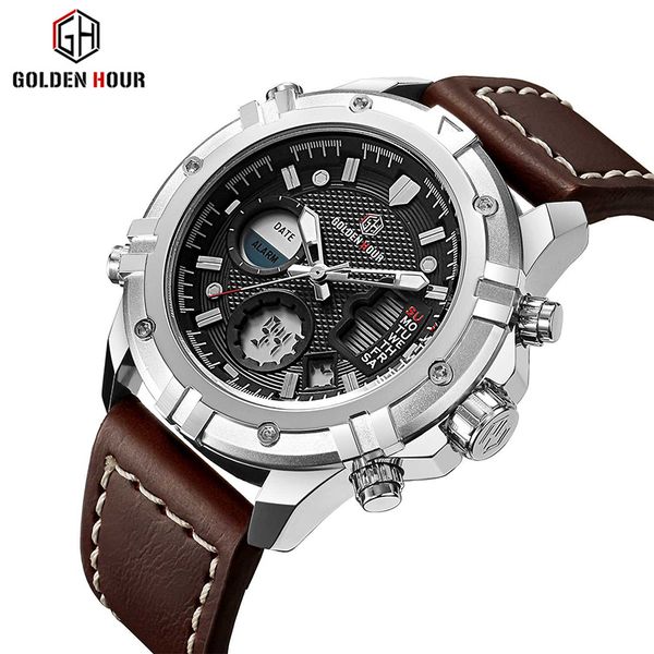 goldenhour fasion top men casual dual display quartz watch mens waterproof leather wristwatches relogio masculino, Slivery;brown
goldenhour fasion top men casual dual display quartz watch mens waterproof leather wristwatches relogio masculino, Slivery;brown