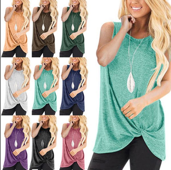 Women round neck none leeve t hirt olid ca ual lady autumn top twi t knot front t hirt tee top
