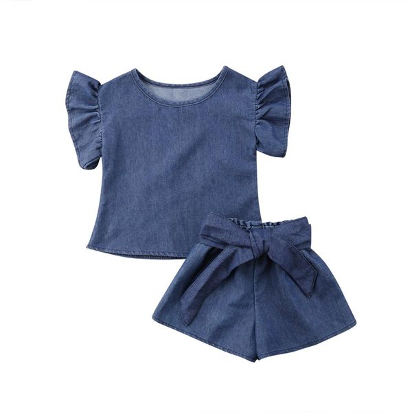 2018 newly fashion toddler baby girls clothes sets short petal sleeve blue denim ruffles t-shirts +bow shorts 2-6y, White
2018 newly fashion toddler baby girls clothes sets short petal sleeve blue denim ruffles t-shirts +bow shorts 2-6y, White