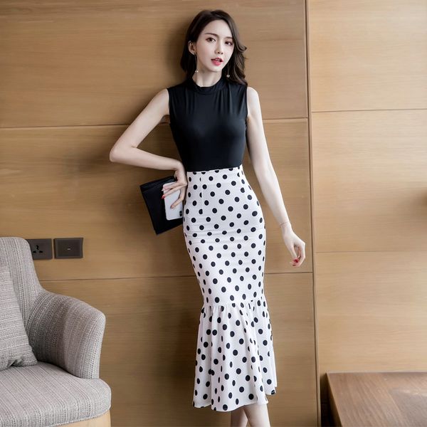 2019 summer korean-style elegant crew neck short sleeve black beautiful polka dot fishtail medium-length dress two-piece set, Black;gray
2019 summer korean-style elegant crew neck short sleeve black beautiful polka dot fishtail medium-length dress two-piece set, Black;gray