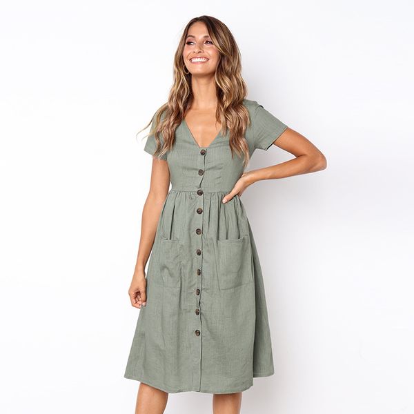new casual women's summer short sleeve v neck button down swing midi dress with pockets, Black;gray
new casual women's summer short sleeve v neck button down swing midi dress with pockets, Black;gray