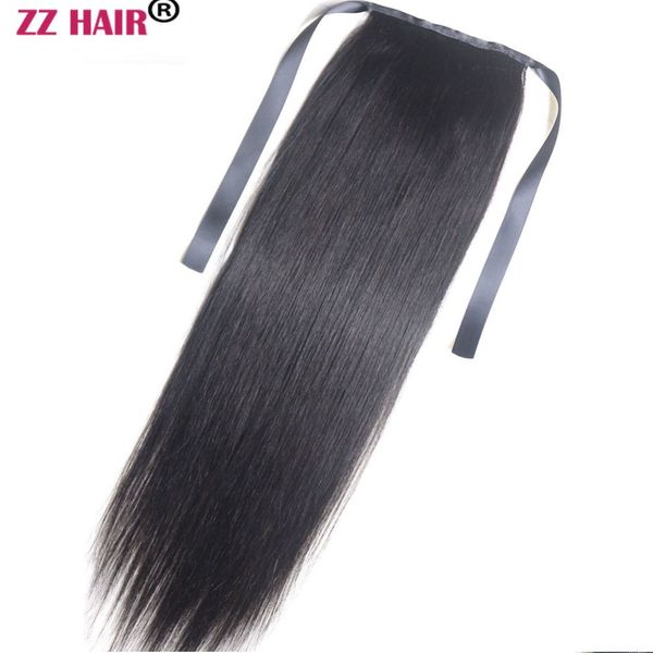 

zzhair 140g 16"-26" machine made remy hair ribbon ponytail clips-in human hair extensions horsetail natural straight, Black;brown