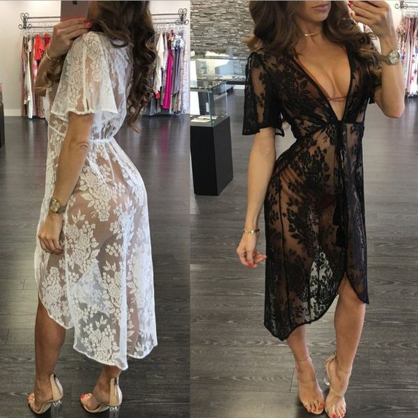 new summer beach smock dress women black white lace floral dresses deep v neck see through womens clothing, White;black
new summer beach smock dress women black white lace floral dresses deep v neck see through womens clothing, White;black