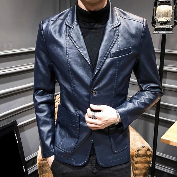 autumn winter men solid color faux leather suit jacket long sleeve lapel blazer, Black
autumn winter men solid color faux leather suit jacket long sleeve lapel blazer, Black