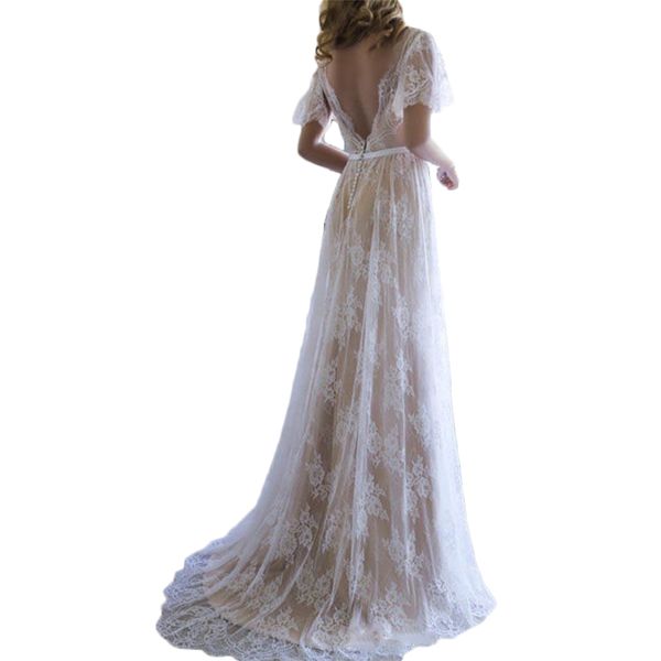 vinatge lace wedding dress a-line v-neck low back short sleeve bridal gowns long summer wedding wear robe de mariee boheme, White
vinatge lace wedding dress a-line v-neck low back short sleeve bridal gowns long summer wedding wear robe de mariee boheme, White