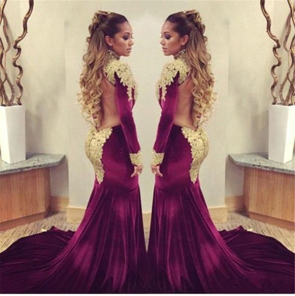 Stunning Long Sleeve Gold Appliques Mermaid Prom Dresses Sweep Train Velvet Open Back Evening Dresses vestidos curtos
Stunning Long Sleeve Gold Appliques Mermaid Prom Dresses Sweep Train Velvet Open Back Evening Dresses vestidos curtos