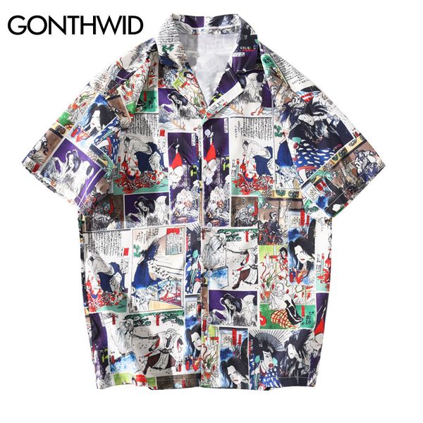 gonthwid harajuku japanese ukiyo-e print hawaiian shirts streetwear hip hop casual tropical beach shirt summer short sleeve, White;black