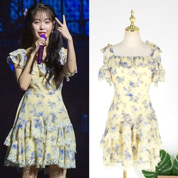 iu same korean chiffon off shoulder floral ruffle one line lace panel small dress, White
iu same korean chiffon off shoulder floral ruffle one line lace panel small dress, White