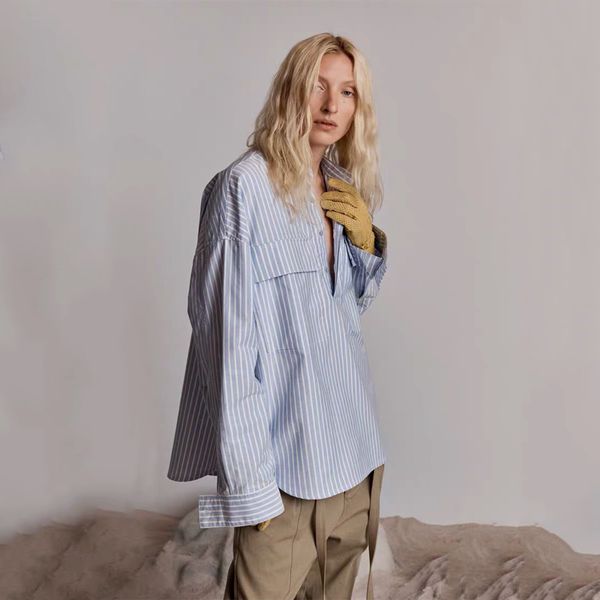 european and american trend high street sixth season retro henry collar black blue and white striped long-sleeved shirt, White;black
european and american trend high street sixth season retro henry collar black blue and white striped long-sleeved shirt, White;black