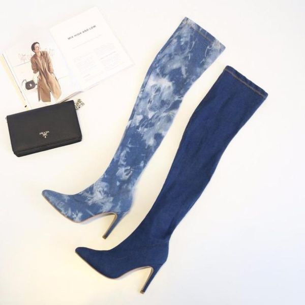 women pointed toe over knee blue denim lace-up gladiator boots long high heel jean boots shoes, Black
women pointed toe over knee blue denim lace-up gladiator boots long high heel jean boots shoes, Black