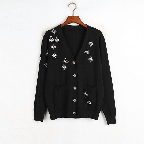 luxury designer brand knitted sweater for women v neck rhinestone beading bee cardigan black, White;black
luxury designer brand knitted sweater for women v neck rhinestone beading bee cardigan black, White;black