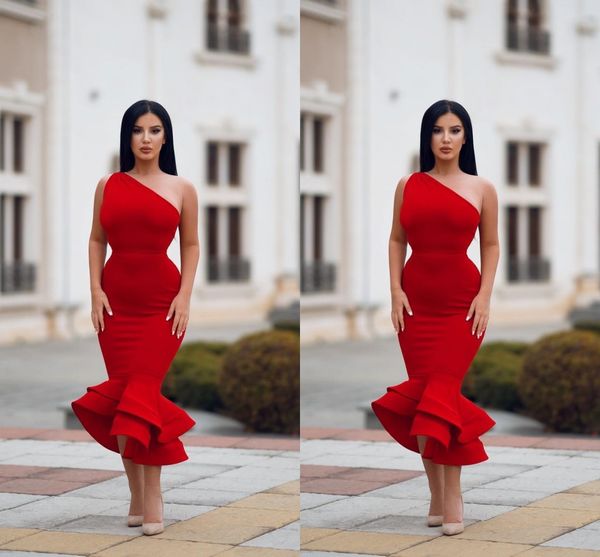 popular african one shoulder red evening bridesmaid dress satin ruched mermaid backless tea length birthday party prom formal dresses, Black;red 
popular african one shoulder red evening bridesmaid dress satin ruched mermaid backless tea length birthday party prom formal dresses, Black;red