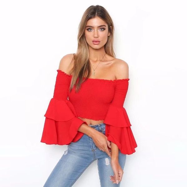 women's off shoulder ruched crop long flare sleeve shirts casual club party slim fit tees, White
women's off shoulder ruched crop long flare sleeve shirts casual club party slim fit tees, White