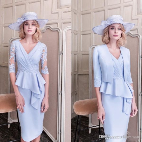 light blue lace mother of the bride dresses with jacket appliqued evening gowns v neck sheath wedding guest dress, Black;red
light blue lace mother of the bride dresses with jacket appliqued evening gowns v neck sheath wedding guest dress, Black;red