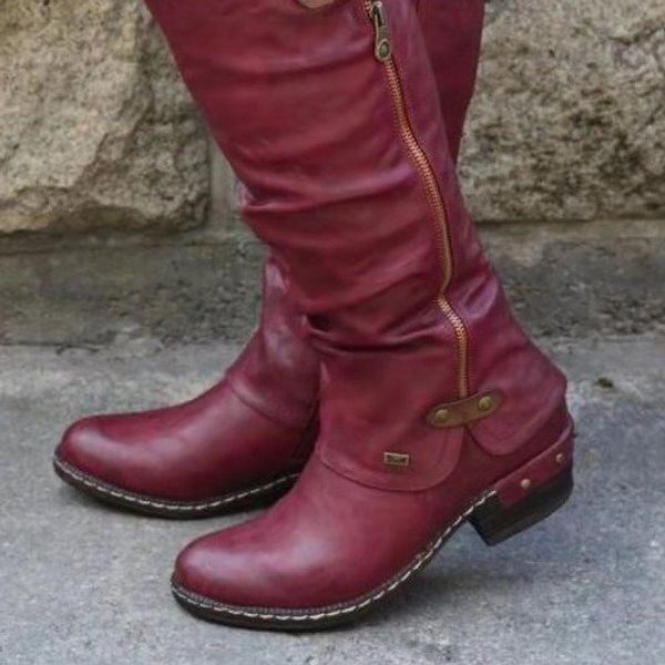 new style women's leather boots round-toe casual side zipper boots, Black