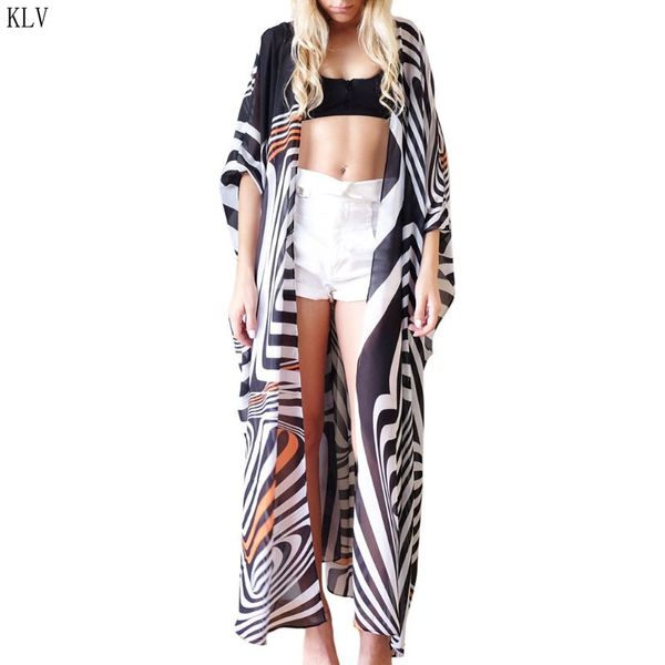 

women summer 3/4 sleeves open front swimsuit cover up boho color block zebra stripes printed long kimono cardigan belted ankle l, White