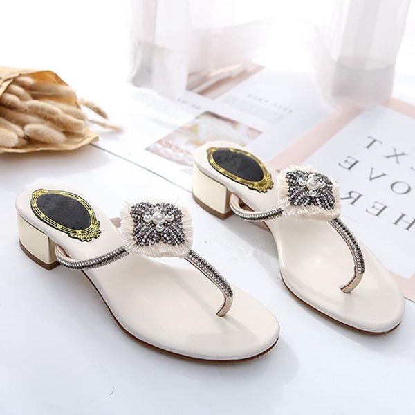 2019 pearl rhinestone decor slippers sandwich toe tassel summer shoes woman beach flip flops fashion metal woman mid heel shoes, Black
2019 pearl rhinestone decor slippers sandwich toe tassel summer shoes woman beach flip flops fashion metal woman mid heel shoes, Black