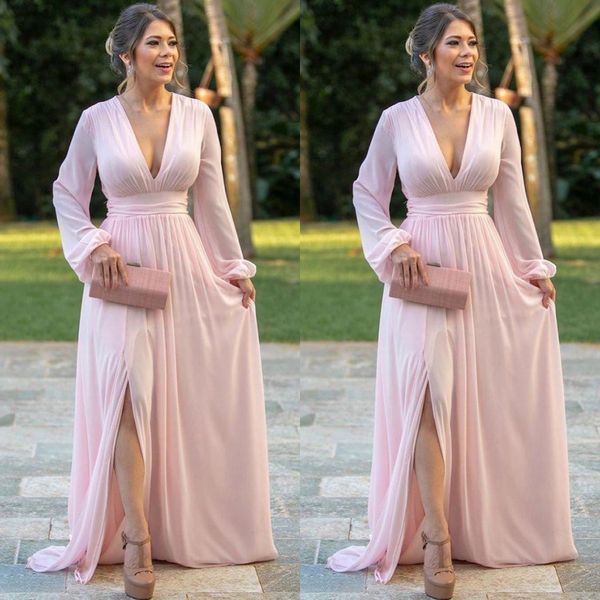 light pink chiffon evening dresses deep v neck long sleeves prom dress side split a line bride party gowns, Black;red
light pink chiffon evening dresses deep v neck long sleeves prom dress side split a line bride party gowns, Black;red