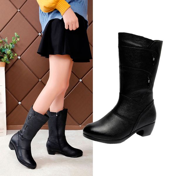women's western boots leather winter boot pointed toe side zipper 2019 stylish long tube mid heels botas mujer warm party shoes, Black
women's western boots leather winter boot pointed toe side zipper 2019 stylish long tube mid heels botas mujer warm party shoes, Black