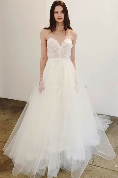 2020 simple soft tulle a line wedding dresses spaghetti straps sleeveless sweep train bride gowns custom made, White
2020 simple soft tulle a line wedding dresses spaghetti straps sleeveless sweep train bride gowns custom made, White