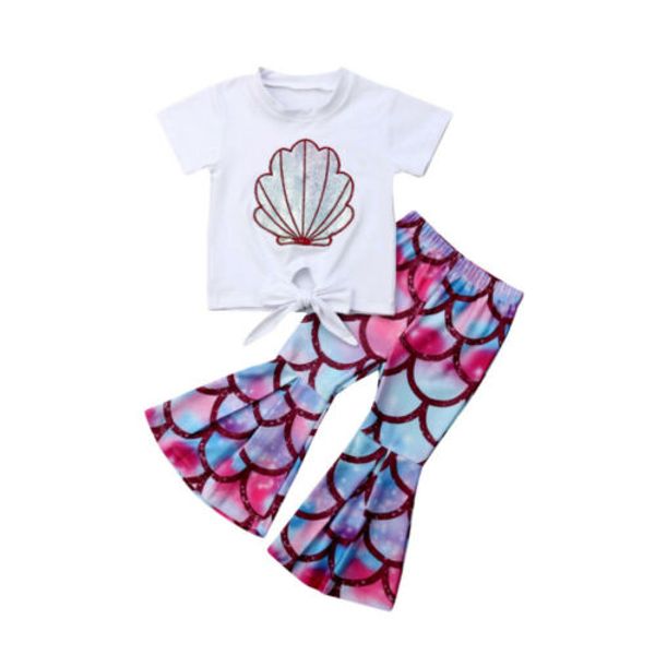 girl clothes fashion toddler kids baby girl mermaid shell colorful scales print flared pants 2pcs outfits sunsuit, White
girl clothes fashion toddler kids baby girl mermaid shell colorful scales print flared pants 2pcs outfits sunsuit, White