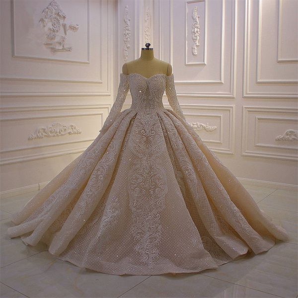 luxury champagne ball gow beaded off shoulder wedding dresses vintage long sleeves lace appliqued lace-up back bridal gown, White
luxury champagne ball gow beaded off shoulder wedding dresses vintage long sleeves lace appliqued lace-up back bridal gown, White