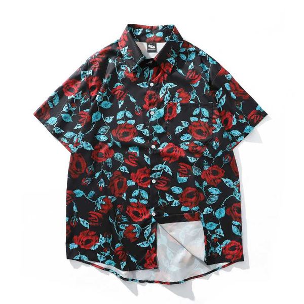 men short sleeve shirt tropical plant rose print shirt hawaiian beach fashionable loose streetwear mens shirts, White;black
men short sleeve shirt tropical plant rose print shirt hawaiian beach fashionable loose streetwear mens shirts, White;black