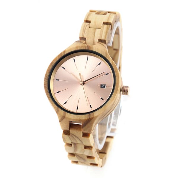 dropshipping minimalist custom woman olive wooden strap and rose gold metal face wood watch with date, Slivery;brown 
dropshipping minimalist custom woman olive wooden strap and rose gold metal face wood watch with date, Slivery;brown