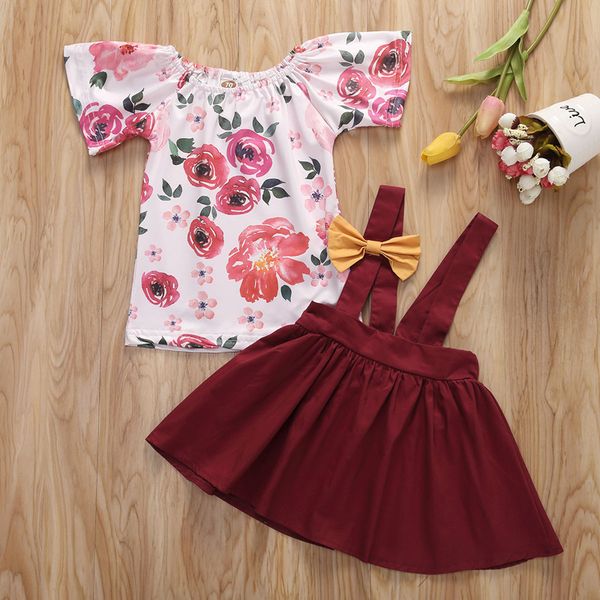 children fashion two-piece outfit floral bow suspender skirt casual style clothes, White 
children fashion two-piece outfit floral bow suspender skirt casual style clothes, White