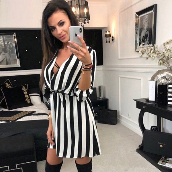 new women dress fashion black and white striped v-neck mini dress ladies casual loose dresses vestidos summer beach wear, Black;gray
new women dress fashion black and white striped v-neck mini dress ladies casual loose dresses vestidos summer beach wear, Black;gray