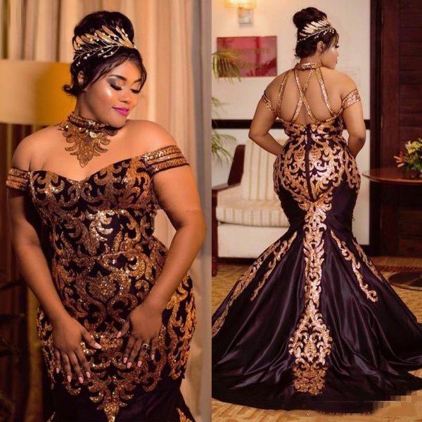 2019 sparkly gold lace mermaid evening dresses sequined halter off the shoulder plus size african prom gowns sweep train satin, Black
2019 sparkly gold lace mermaid evening dresses sequined halter off the shoulder plus size african prom gowns sweep train satin, Black