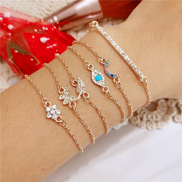 6pcs/set simple design bracelets for women personality eye flower leaf moon butterfly crystal bracelet girls party wedding jewelry, Golden;silver
6pcs/set simple design bracelets for women personality eye flower leaf moon butterfly crystal bracelet girls party wedding jewelry, Golden;silver