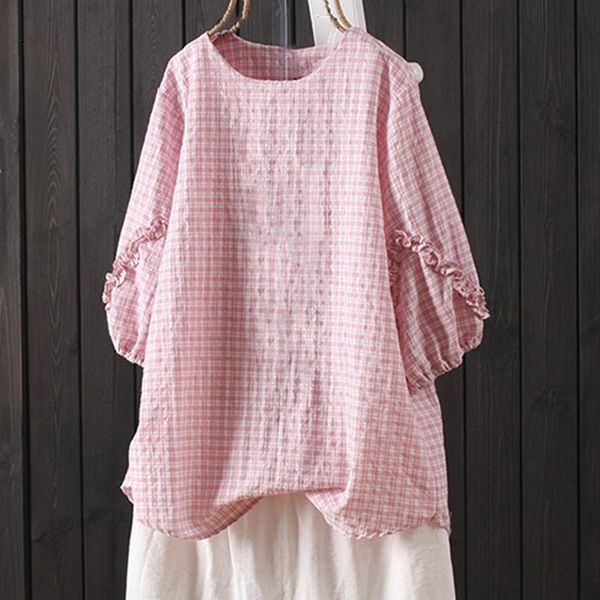 women vintage summer casual loose plaid o neck five-sleeve lantern sleeve oversize shirt female, White
women vintage summer casual loose plaid o neck five-sleeve lantern sleeve oversize shirt female, White