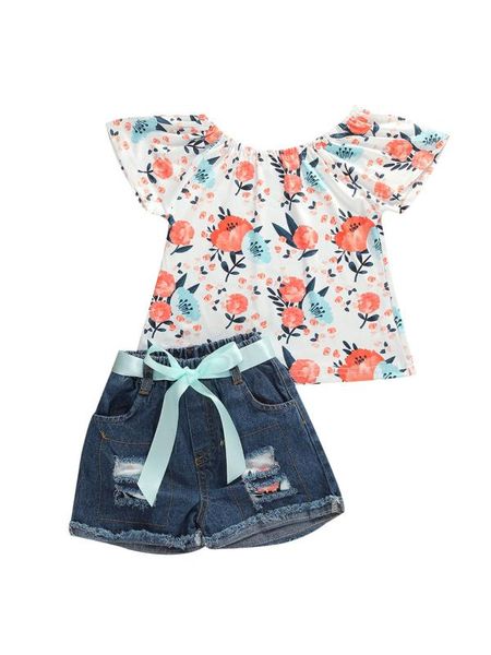 1-6y summer baby girls clothes sets flowers print ruffles sleeve t shirts +denim blue shorts 2pcs, White
1-6y summer baby girls clothes sets flowers print ruffles sleeve t shirts +denim blue shorts 2pcs, White