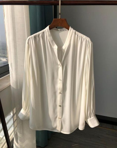 women shirt 23mm 100% silk shirt loose lazy lantern sleeve sand washed silk blouses, White