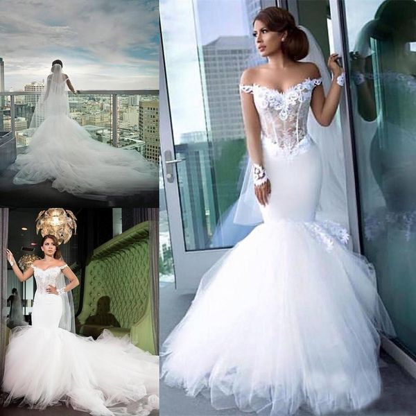 new luxurious mermaid wedding dresses off shoulder lace appliques long sleeves tulle plus size chapel train wedding dress bridal gowns, White
new luxurious mermaid wedding dresses off shoulder lace appliques long sleeves tulle plus size chapel train wedding dress bridal gowns, White