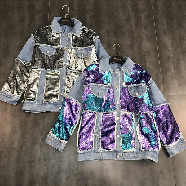 spring 2019 new frayed edges and holes patch heavy industry color sequined denim big coat jacket, Black;brown
spring 2019 new frayed edges and holes patch heavy industry color sequined denim big coat jacket, Black;brown