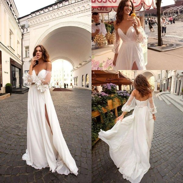 2019 chiffon a line bohemia wedding dresses long sleeves off the shoulder lace split beach bridal wedding gowns robe de mariée bc1793, White
2019 chiffon a line bohemia wedding dresses long sleeves off the shoulder lace split beach bridal wedding gowns robe de mariée bc1793, White