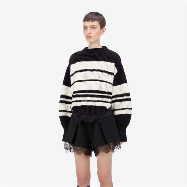 2020 autumn winter oversize women sweaters black white striped knitted clothing, White;black
2020 autumn winter oversize women sweaters black white striped knitted clothing, White;black
