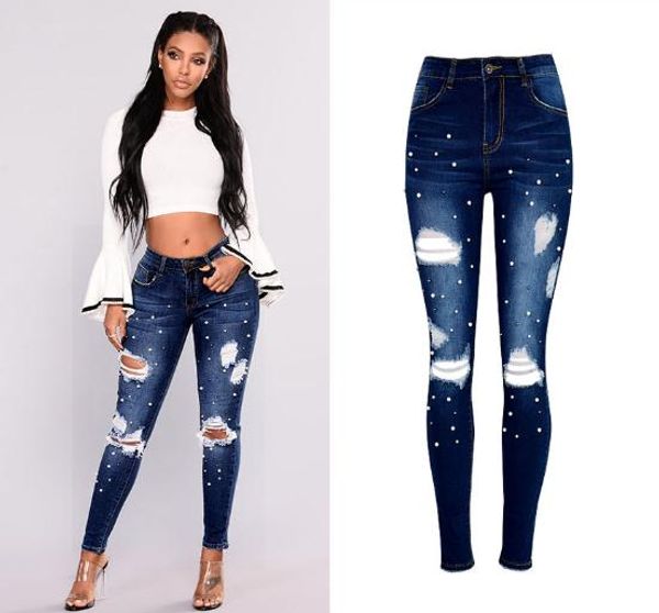 female new high waist jeans slim skinny elastic pencil pants women beading pearl irregular ripped hole denim trousers women d157, Blue
female new high waist jeans slim skinny elastic pencil pants women beading pearl irregular ripped hole denim trousers women d157, Blue