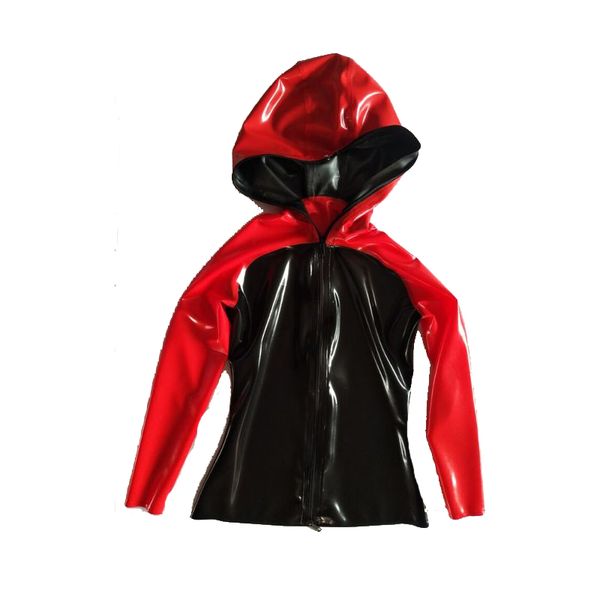 

new style 100% latex rubber men hooded casual black and red sports jacket with zipper 0.4mm xxs-xxl, Red;black