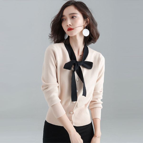 spring new women lace up bow tie sweater long sleeve pearl button contrast color patchwork cardigan sweater black white beige
spring new women lace up bow tie sweater long sleeve pearl button contrast color patchwork cardigan sweater black white beige