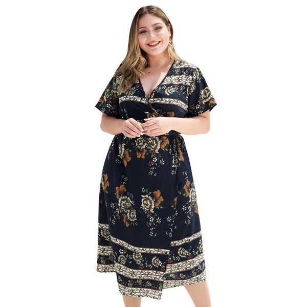 original design europe and america cross v-neck high waist tie short sleeve split positioning printing large size women's dress, White
original design europe and america cross v-neck high waist tie short sleeve split positioning printing large size women's dress, White