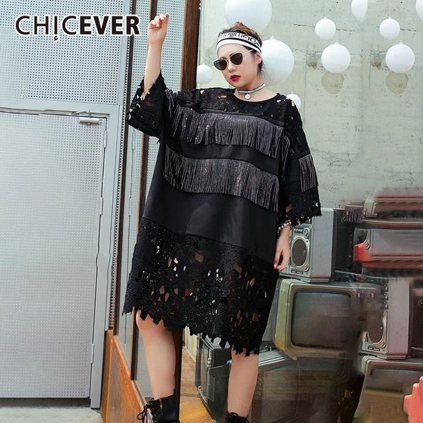 chicever summer casual hollow out embroidery patchwork tassel balck women dress o neck short sleeve loose straight dresses 2019, Black;gray 
chicever summer casual hollow out embroidery patchwork tassel balck women dress o neck short sleeve loose straight dresses 2019, Black;gray