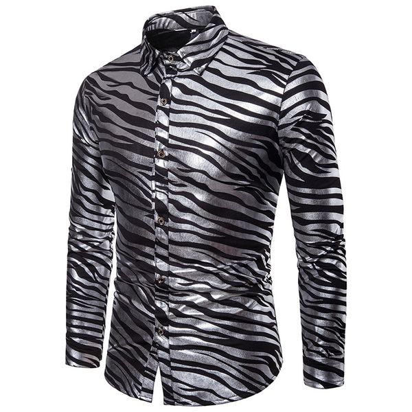 men's bronzing stripe print men shirt 2020 brand new slim fit long sleeve mens dress shirts party prom stage camisa masculina, White;black
men's bronzing stripe print men shirt 2020 brand new slim fit long sleeve mens dress shirts party prom stage camisa masculina, White;black