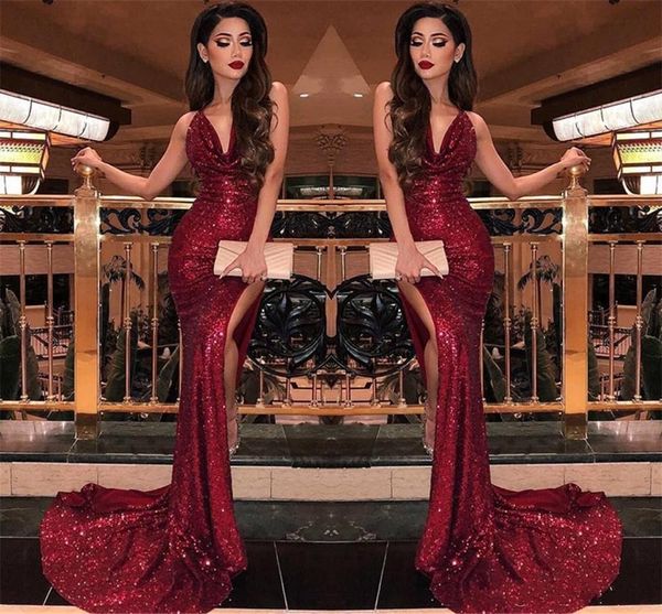 2019 new burgundy sequined prom dresses mermaid v-neck sleeveless side split sequins long sweep train backless evening party gowns wear, Black
2019 new burgundy sequined prom dresses mermaid v-neck sleeveless side split sequins long sweep train backless evening party gowns wear, Black