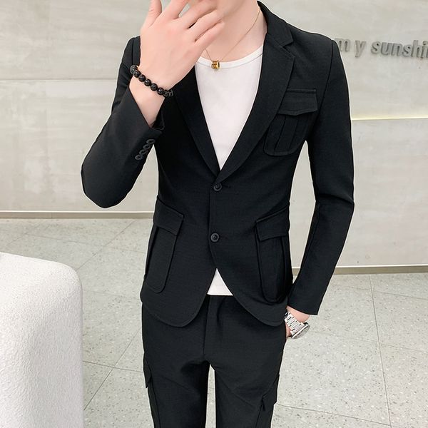 2020 fashion personality youth street style stretch casual men's solid color embroidery slim long sleeve men's suit 2 pcs set, White;black
2020 fashion personality youth street style stretch casual men's solid color embroidery slim long sleeve men's suit 2 pcs set, White;black