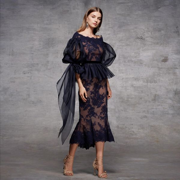 dark navy mermaid long sleeves evening dresses off the shoulder peplum prom gowns tea length plus size formal dress, Black;red
dark navy mermaid long sleeves evening dresses off the shoulder peplum prom gowns tea length plus size formal dress, Black;red