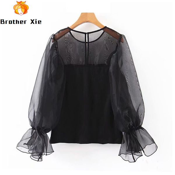 women chic o neck black organza blouse flare long sleeve stylish transparent blouse shirt female casual solid tunic elegant, White
women chic o neck black organza blouse flare long sleeve stylish transparent blouse shirt female casual solid tunic elegant, White