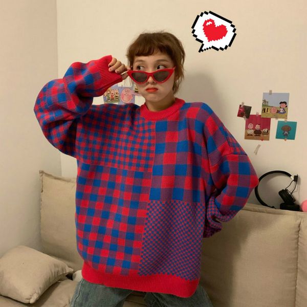 new womens knitted sweater chic korean plaid loose oversize round neck long-sleeved casual sweaters 2019 autumn winter pullovers, White;black
new womens knitted sweater chic korean plaid loose oversize round neck long-sleeved casual sweaters 2019 autumn winter pullovers, White;black
